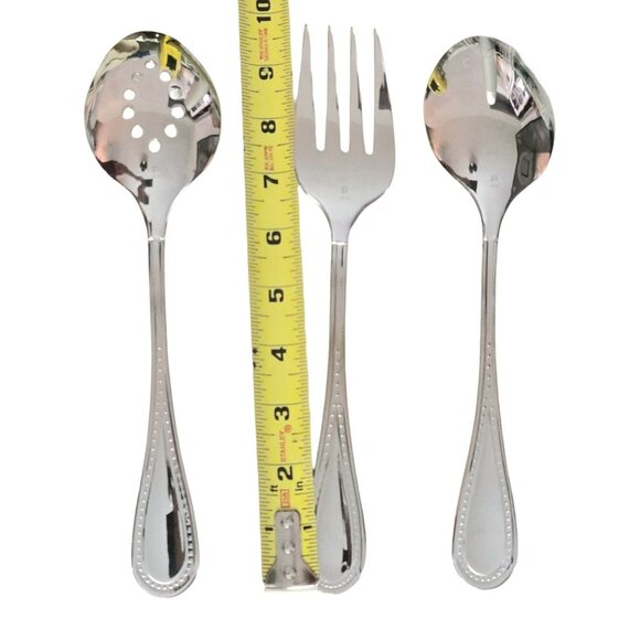 3 Gourmet Settings Serving Set Fork Solid/Slotted Spoon Beaded Glossy Stainless - Picture 6 of 7